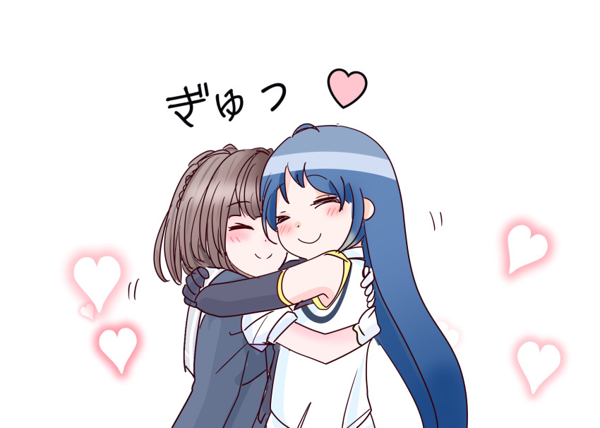 2girls black_gloves black_neckerchief black_serafuku blue_dress blue_hair blush braid brown_hair closed_eyes closed_mouth dress elbow_gloves gloves happy heart highres hug kantai_collection long_hair multiple_girls neckerchief sailor_collar samidare_(kancolle) school_uniform serafuku shirt short_hair shouhou-san_daisuki_teitoku simple_background sleeveless sleeveless_shirt smile ukuru_(kancolle) very_long_hair white_background white_gloves white_serafuku white_shirt yuri