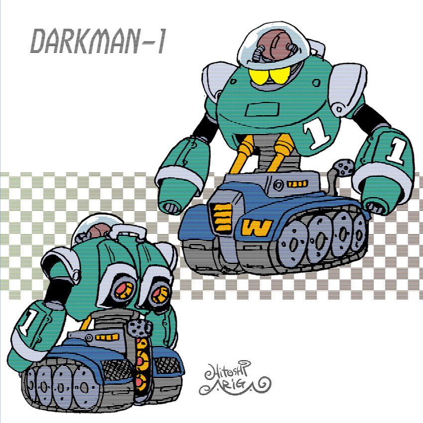 1boy ariga_hitoshi arm_cannon armor artist_name breastplate caterpillar_tracks character_name reference_sheet checkered_background commentary_request concept_art dark_man dual_arm_cannons exhaust_pipe from_behind full_body glass gradient_background green_armor grey_background highres industrial_pipe looking_ahead male_focus mega_man_(classic) mega_man_(series) mega_man_5 mega_man_megamix multiple_views no_humans non-humanoid_robot robot scanlines screw shoulder_armor signature simple_background solid_eyes standing three_quarter_view turnaround weapon wheel white_background yellow_eyes
