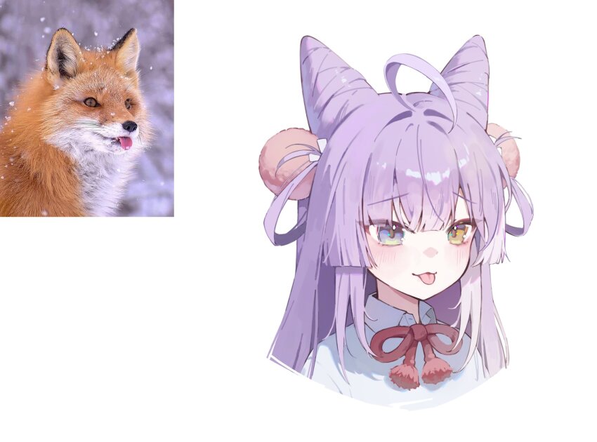 1girl :p ahoge blue_eyes cone_hair_bun hair_bun hair_rings heterochromia highres long_hair purple_hair simple_background stellive tenko_shibuki tongue tongue_out virtual_youtuber yellow_eyes yw_marron