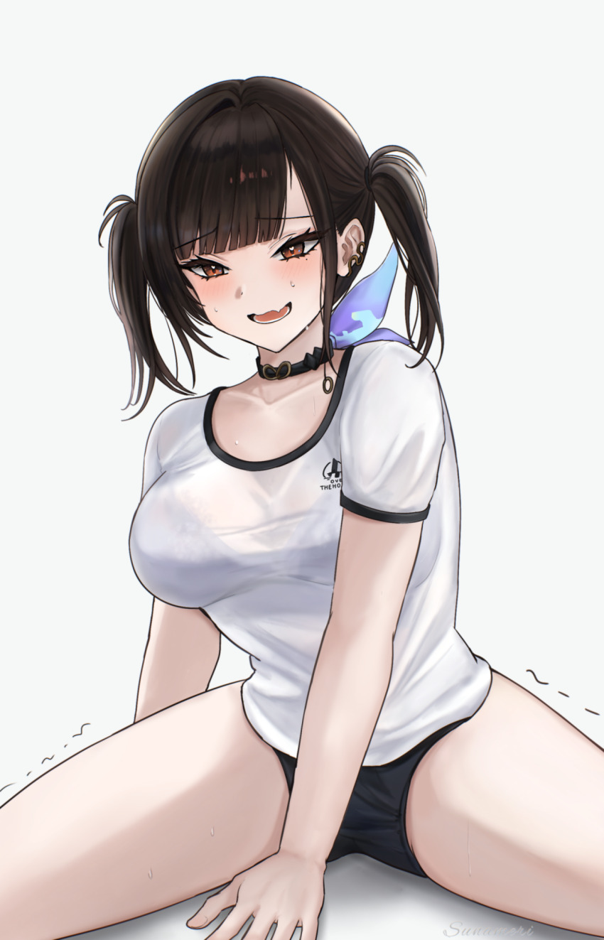 1girl between_legs black_bra black_buruma black_hair blush bra bra_visible_through_clothes breasts brown_eyes buruma collarbone commentary_request goddess_of_victory:_nikke grey_background gym_shirt gym_uniform hand_between_legs highres medium_breasts open_mouth see-through_clothes see-through_shirt shirt simple_background sitting solo sora_(nikke) sunameri_(pixiv3564245) sweat trembling twintails underwear