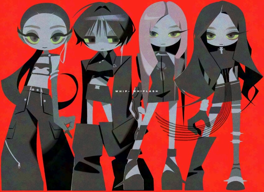 4girls aespa black_dress black_hair black_jacket black_pants black_skirt chibi chibi_only dress eyelashes full_body giselle_(aespa) hashtag-only_commentary jacket k-pop karina_(aespa) looking_to_the_side multiple_girls ningning_(aespa) pants pink_hair ponytail red_background short_hair simple_background skirt song_name winter_(aespa) z_gvjz