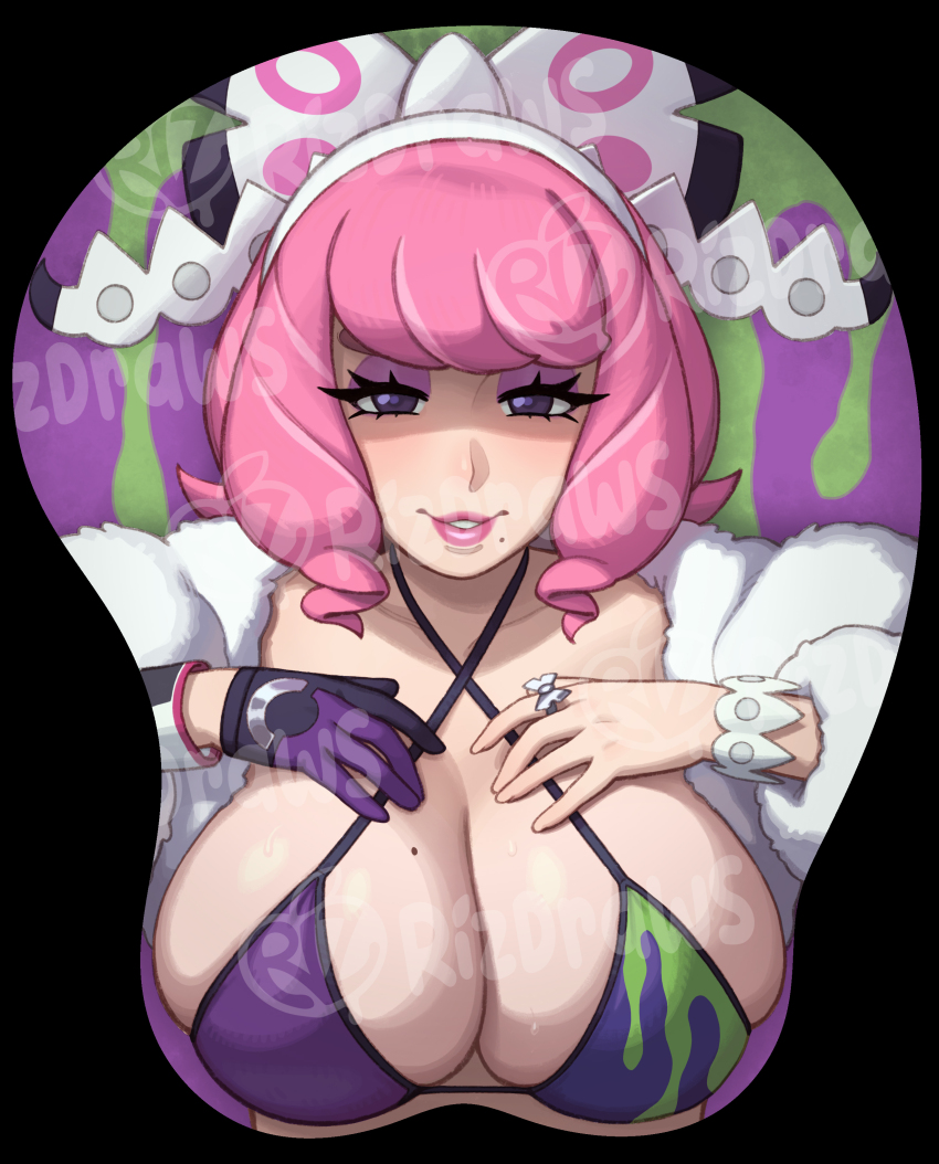 1girl absurdres blush bow breast_mousepad breasts cleavage drill_hair eyeshadow hair_bow hairband highres klara_(pokemon) large_breasts looking_at_viewer makeup mole mole_under_mouth mousepad_(medium) nintendo pink_hair pokemon pokemon_swsh riz short_hair solo twin_drills upper_body watermark