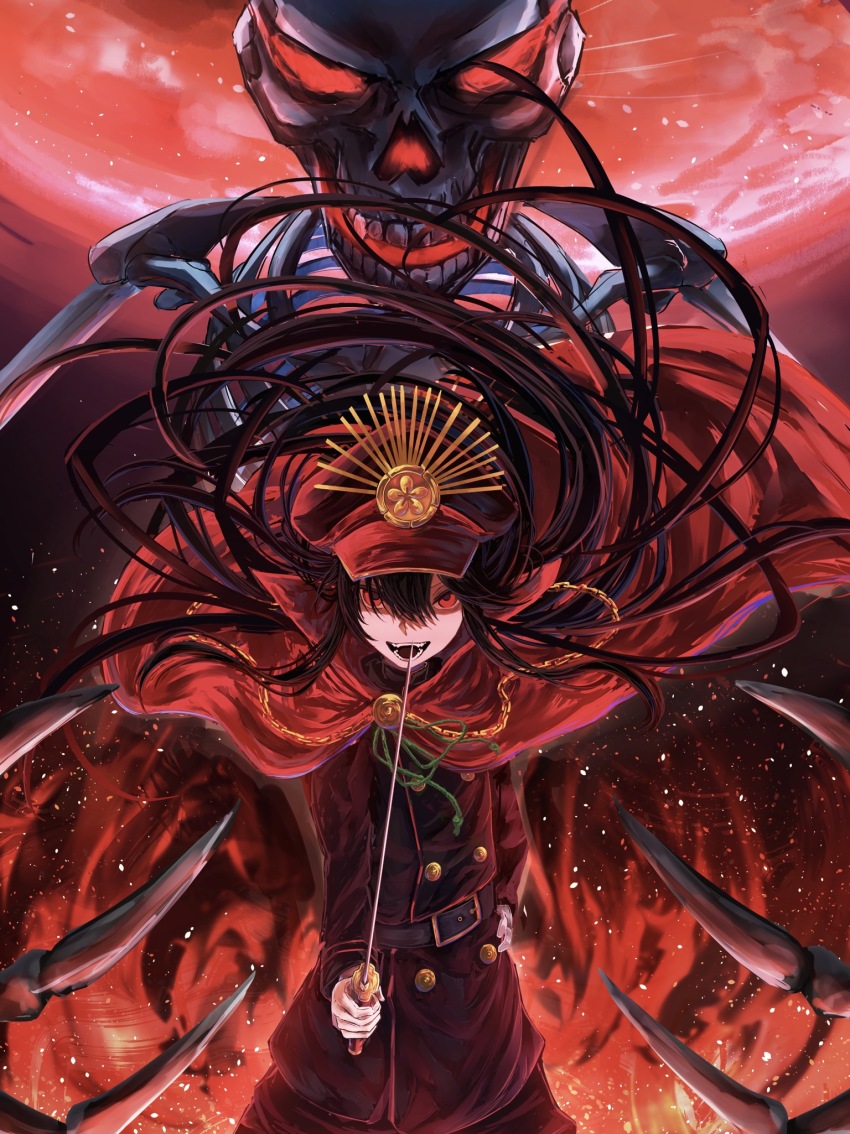 1girl belt black_hair cape collared_cape crest family_crest fate/grand_order fate_(series) hand_on_own_hip hat highres holding holding_sword holding_weapon katana medallion military_hat moon oda_nobunaga_(fate) oda_uri open_mouth peaked_cap red_cape red_eyes red_theme skeleton solo sword weapon yagi_(yagi5art)