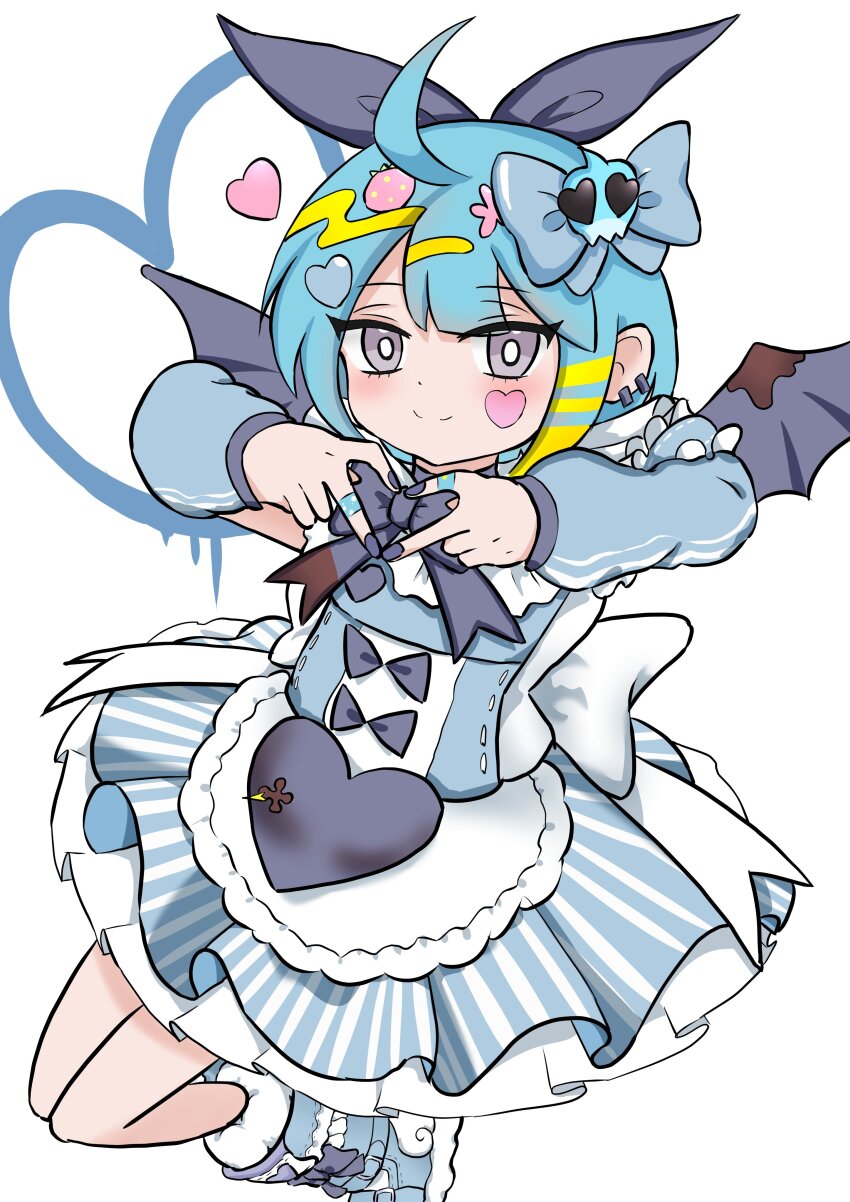 1girl absurdres ahoge blue_dress blue_eyes demon_girl demon_wings dress duel_monster earrings full_body grey_eyes gt_majoyan hair_ornament heart heart_hair_ornament highres jewelry live_twin_lil-la_sweet short_hair simple_background solo white_background white_dress wings yu-gi-oh!