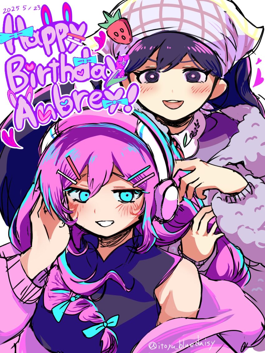 2025 2girls :3 :d animal_ear_headphones animal_ears aqua_bow aqua_eyes aubrey_(birthday)_(omori) aubrey_(faraway)_(omori) aubrey_(omori) bare_shoulders black_eyes black_hair black_shirt blush bow braid cardigan cardigan_partially_removed character_name collared_shirt commentary_request dated double-parted_bangs fake_animal_ears flower fur_jacket grey_jacket grin hair_behind_ear hair_between_eyes hair_bow hair_ornament hand_on_own_cheek hand_on_own_face happy_birthday headphones headscarf heart highres holding_another&#039;s_hair itoyu_bluedaisy jacket long_sleeves mari_(birthday)_(omori) mari_(faraway)_(omori) mari_(omori) multiple_girls official_alternate_costume official_alternate_hairstyle omori open_clothes open_jacket open_mouth outline pink_cardigan pink_flower puffy_long_sleeves puffy_sleeves purple_shirt rabbit_ear_headphones shirt simple_background sleeveless sleeveless_shirt smile teeth twin_braids twitter_username upper_body upper_teeth_only v-shaped_eyebrows white_background white_headscarf white_outline
