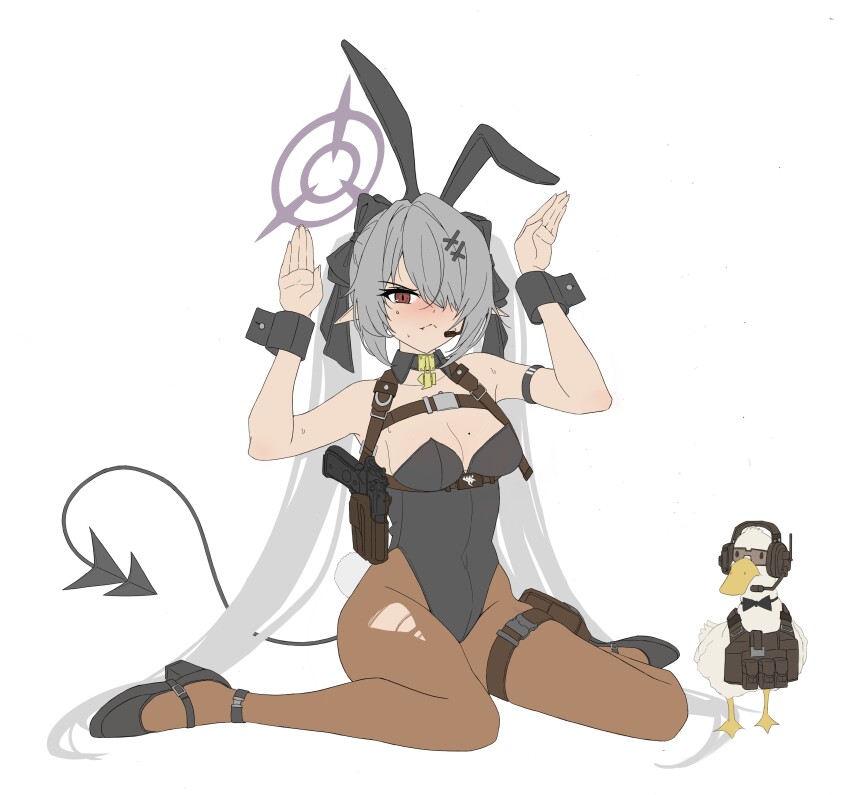 1girl absurdres animal_ears bird black_leotard black_shoes blue_archive breasts brown_eyes brown_pantyhose bulletproof_vest cleavage closed_mouth commentary dark-skinned_female dark_skin duck fake_animal_ears grey_hair gun hair_over_one_eye halo handgun headphones high_heels highres holster iori_(blue_archive) korean_commentary large_breasts leotard long_hair looking_at_viewer mole mole_on_breast pantyhose playboy_bunny purple_halo rabbit_ears rabbit_pose shoes simple_background smile solo sweat tail twintails weapon white_background zi0807