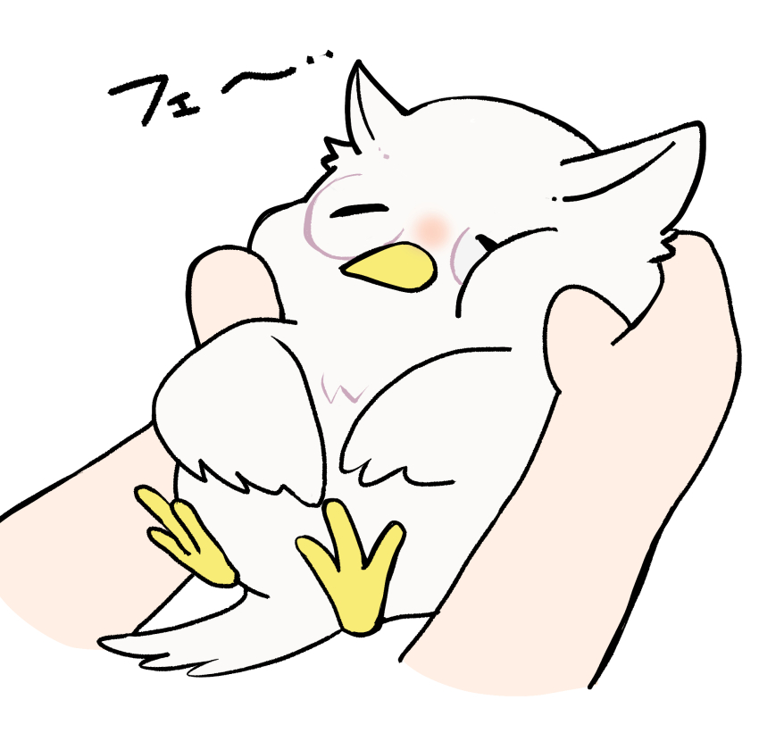 1girl animal beak bird closed_eyes facing_viewer feathers feh_(fire_emblem_heroes) fire_emblem fire_emblem_heroes fukamachica highres holding holding_animal holding_bird nintendo owl translation_request white_feathers