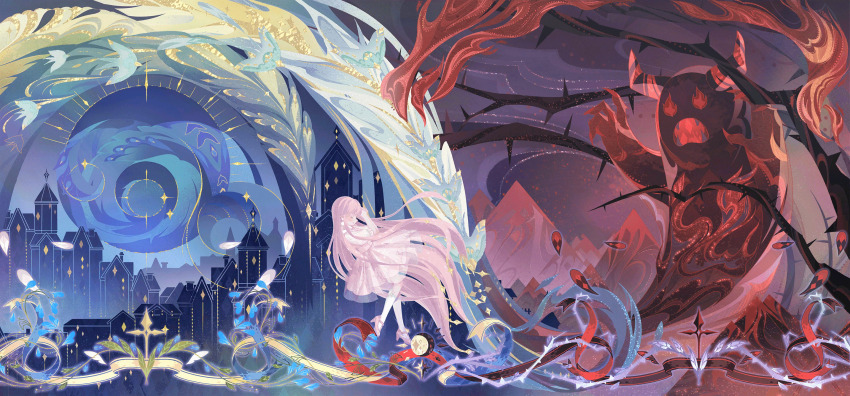 1girl absurdly_long_hair artist_request bare_arms closed_eyes closed_mouth demon dress earrings fire floating floating_hair flock from_side game_cg gibbous_moon high_heels highres interlocked_fingers jewelry kneehighs light_particles long_hair medium_dress medium_skirt miracle_nikki moon mountain nikki_(nikki) nikki_(series) official_art own_hands_clasped own_hands_together pinafore_dress pink_dress pink_hair pink_shoes pleated_dress pointy_nose pom_pom_(clothes) pom_pom_earrings puffy_short_sleeves puffy_sleeves pumps see-through_clothes see-through_skirt shirt shoes short_sleeves skirt skyline sleeveless sleeveless_dress smile socks solo third-party_source thorns very_long_hair white_shirt white_socks