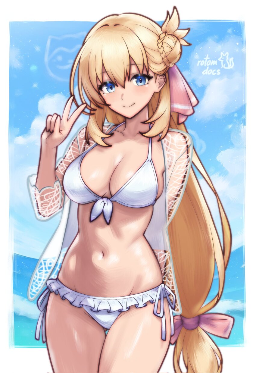 1girl alternate_costume beach bikini bikini_bottom_only blonde_hair blue_eyes blue_sky blush braid breasts cleavage cloud collarbone day eiyuu_densetsu frilled_bikini frills hair_bun hair_ornament hair_ribbon highres kuro_no_kiseki_(series) large_breasts long_hair looking_at_viewer navel ocean ribbon rotomdocs see-through_clothes side-tie_bikini_bottom side-tie_clothing side-tie_swimsuit sky smile solo standing stomach swimsuit thighs v very_long_hair white_bikini