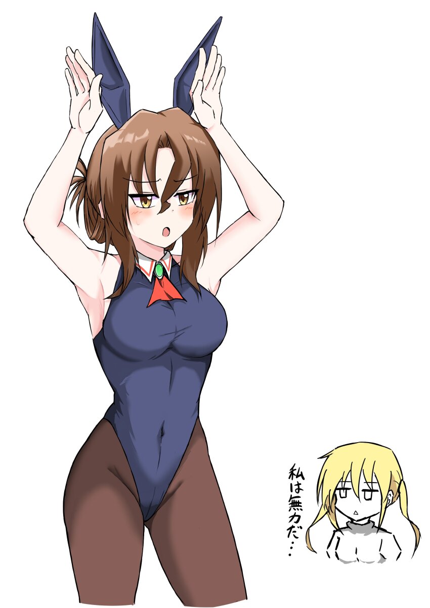 2girls absurdres animal_ears armpits arms_up blonde_hair blush breasts brown_eyes brown_hair cleavage covered_navel fake_animal_ears folded_ponytail hayate_no_gotoku! highleg highleg_leotard highres jewelry large_breasts leotard long_hair maria_(hayate_no_gotoku!) multiple_girls pantyhose playboy_bunny rabbit_ears rabbit_pose sailor_collar solo_focus twintails
