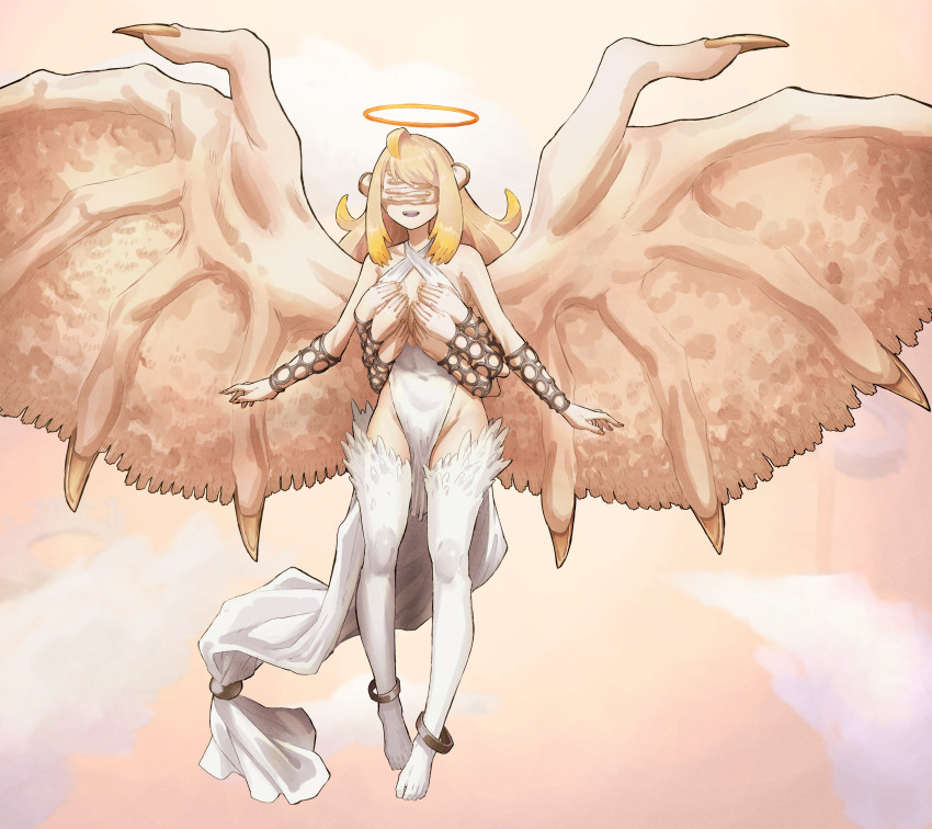 1girl absurdres angel anklet bare_shoulders blonde_hair body_fur bracer colored_tips commentary_request commission covered_eyes covering_own_eyes criss-cross_halter dress ekrea_jan extra_arms facing_viewer flying full_body groin halo halter_dress halterneck hand_wings hands_on_own_chest highres jewelry long_hair monster_girl multicolored_hair open_mouth orange_halo original oversized_wings pelvic_curtain skeb_commission smile solo white_dress white_fur wings