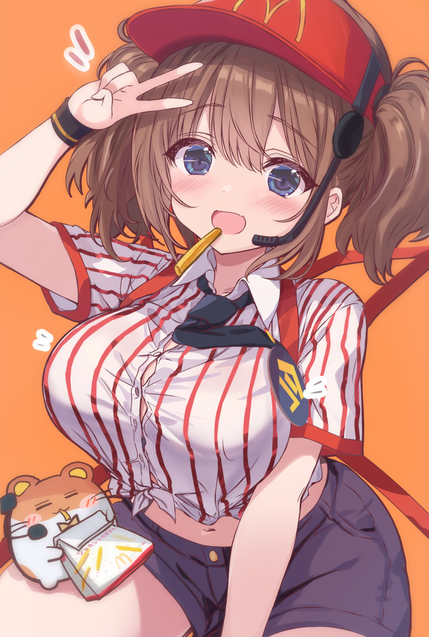 1girl alternate_breast_size badge black_necktie black_shorts blue_eyes blush breasts brown_hair commentary_request cutlass_(classic_chocolate) employee_uniform fast_food fast_food_uniform food french_fries hamster hand_up hat highres imadake_dabuchi_tabemi imadake_dabuchi_tabesuke large_breasts long_hair looking_at_viewer mcdonald&#039;s midriff navel necktie open_mouth orange_background pinstripe_pattern pinstripe_shirt red_hat shirt short_shorts short_sleeves shorts simple_background smile tasuki thighs tied_shirt twintails v visor_cap white_shirt