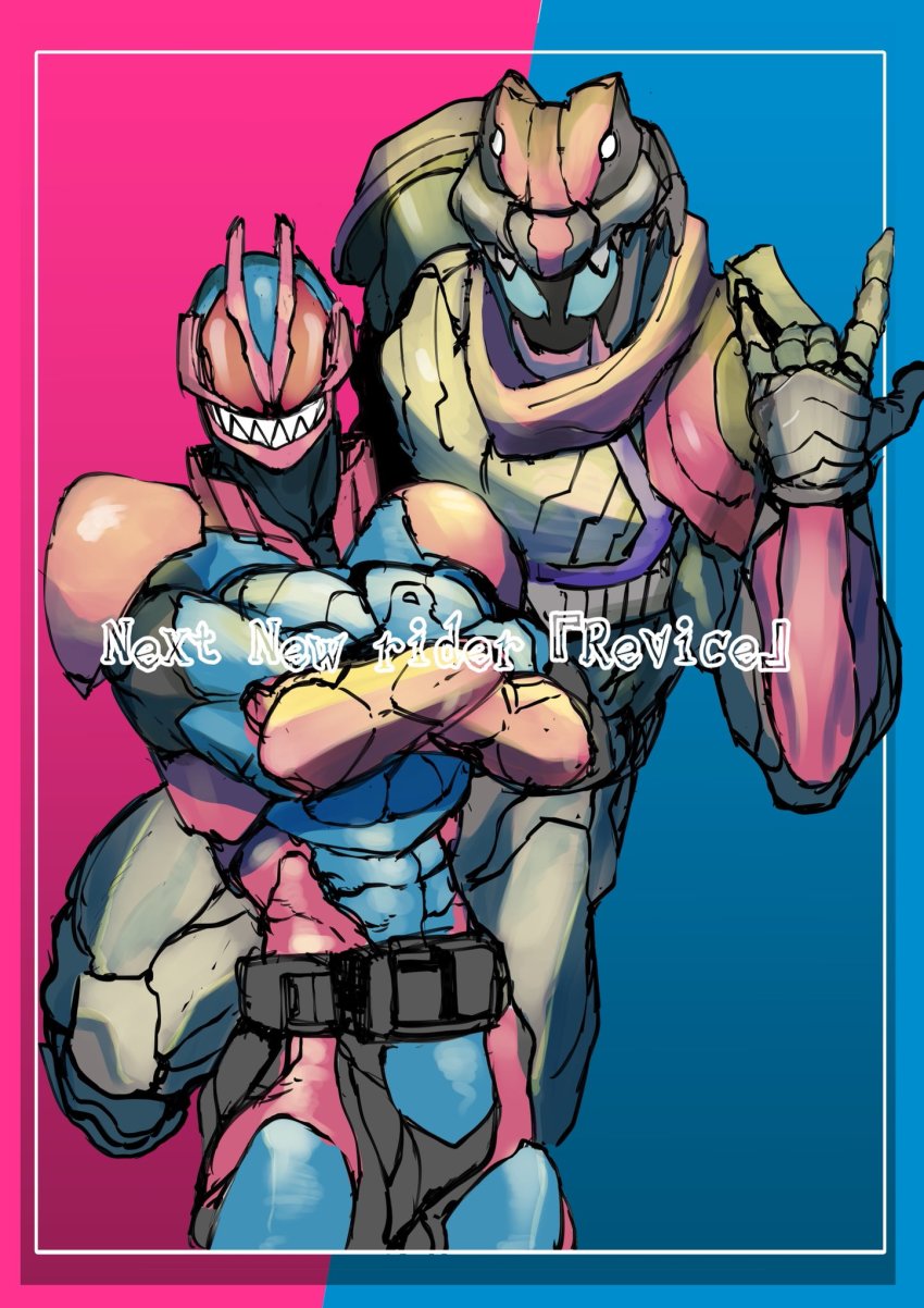 2boys \m/ armor belt black_nails black_tail blue_background blue_eyes claw_pose crossed_arms demon_boy dinosaur fingernails floating helmet highres ichitaka_(1015ichitaka) kamen_rider kamen_rider_revi kamen_rider_revice kamen_rider_vice looking_at_viewer magenta_background male_focus monster_boy multiple_boys nail_polish pink_armor pink_background reiwa revice_driver rex_genome shaded_face sharp_fingernails sharp_teeth shoulder_pads simple_background sketch stylistic tail teeth thighs tokusatsu tyrannosaurus_rex upper_body vistamp
