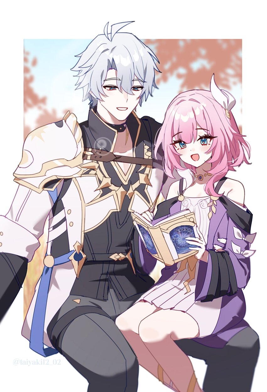 1boy 1girl absurdres ahoge armor black_choker black_pants blue_eyes book breasts choker coat cyrene_(honkai:_star_rail) dress gold_tattoo hair_ornament highres honkai:_star_rail honkai_(series) jewelry medium_hair multicolored_hair neck_tattoo necklace open_book open_mouth pants pauldrons phainon_(honkai:_star_rail) pink_hair purple_coat short_hair shoulder_armor simple_background single_pauldron sitting sitting_on_lap sitting_on_person small_breasts smile taiyaki12 tattoo twitter_username two-tone_hair white_background white_coat white_dress white_hair