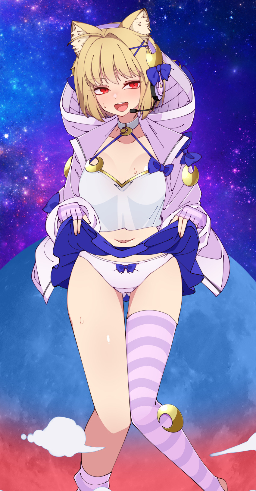 absurdres animal_ears arcueid_brunestud blush bow breasts cat_ears cat_girl cleavage clothes_lift cloud crescent crescent_hair_ornament crescent_moon fate/grand_order fate_(series) fingerless_gloves full_moon gloves gluteal_fold hair_bow hair_ornament headphones highres hood hoodie large_breasts looking_at_viewer midriff moon navel nazunobasho panties phantas-moon phantas-moon_(second_ascension) pink_hoodie red_eyes skirt skirt_lift smile space space_phantas-moon_another_christmas sweat thick_thighs thighhighs thighs tsukihime underwear white_panties