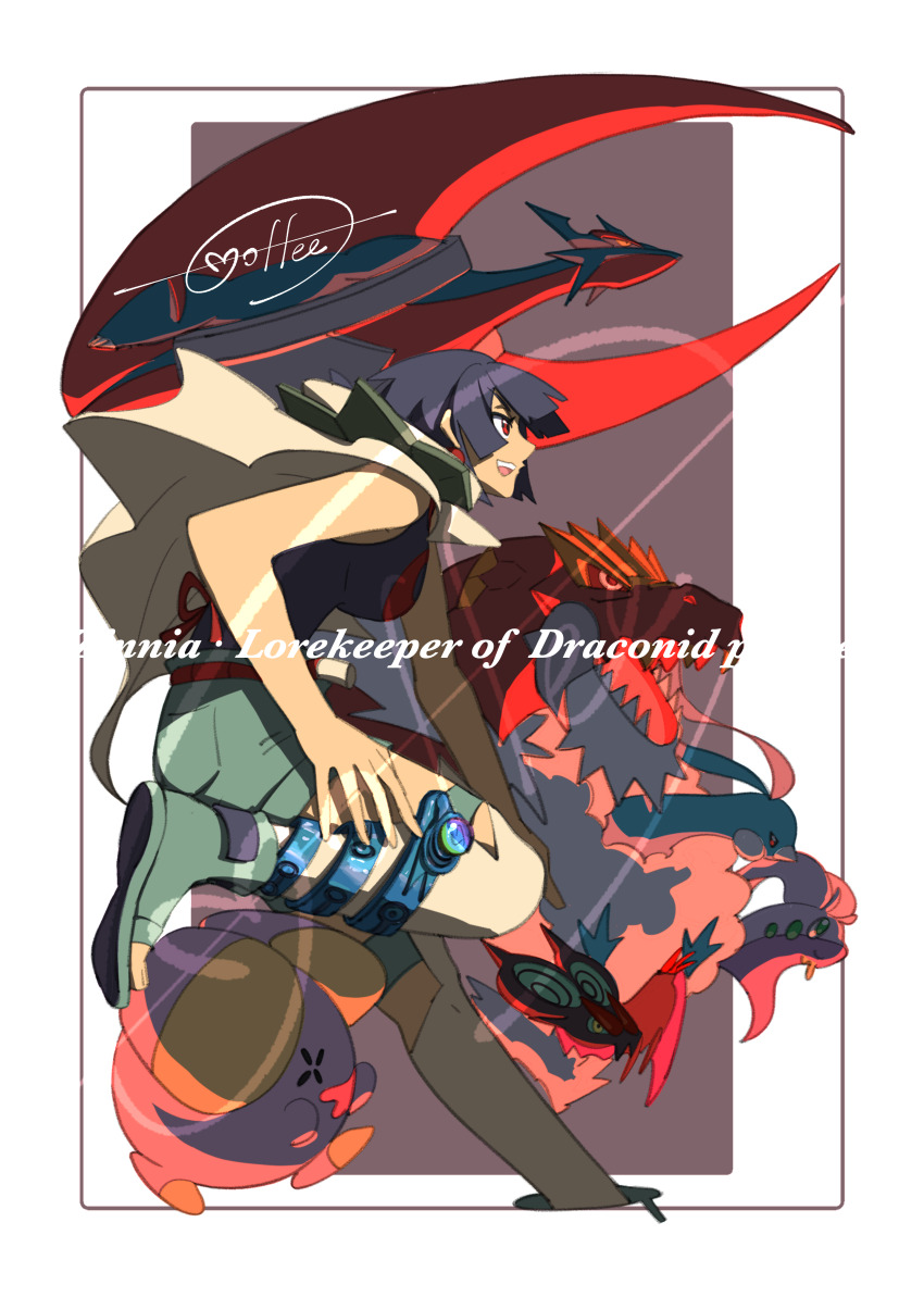 1girl :d absurdres altaria anklet belt black_hair black_shirt border cape cccacademia character_name gen_3_pokemon gen_6_pokemon goodra green_footwear green_shorts highres jewelry leg_up mega_pokemon mega_salamence mixed-language_commentary nintendo noivern open_mouth over-kneehighs pokemon pokemon_(creature) pokemon_oras red_belt red_eyes salamence shirt shoes shorts signature sleeveless sleeveless_shirt smile teeth thighhighs tyrantrum upper_teeth_only whismur white_border zinnia_(pokemon)