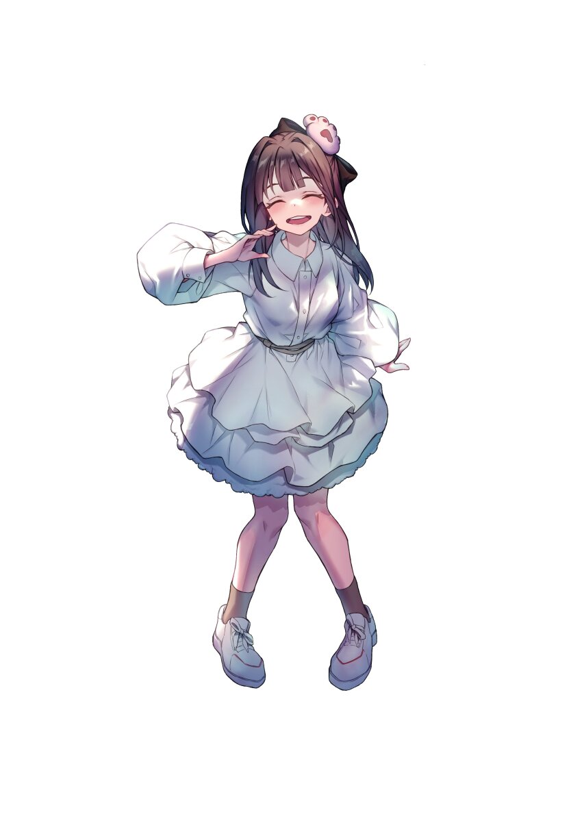 1girl absurdres animification belt black_ribbon black_socks blush breasts brown_hair closed_eyes collared_dress commission dress fingernails full_body hair_intakes hair_ribbon highres knees long_hair long_sleeves misumi_yuka open_mouth paw_hair_ornament pigeon-toed real_life redcomet ribbon second-party_source shoes simple_background smile sneakers socks solo standing string_belt teeth upper_teeth_only white_background white_belt white_dress white_shoes