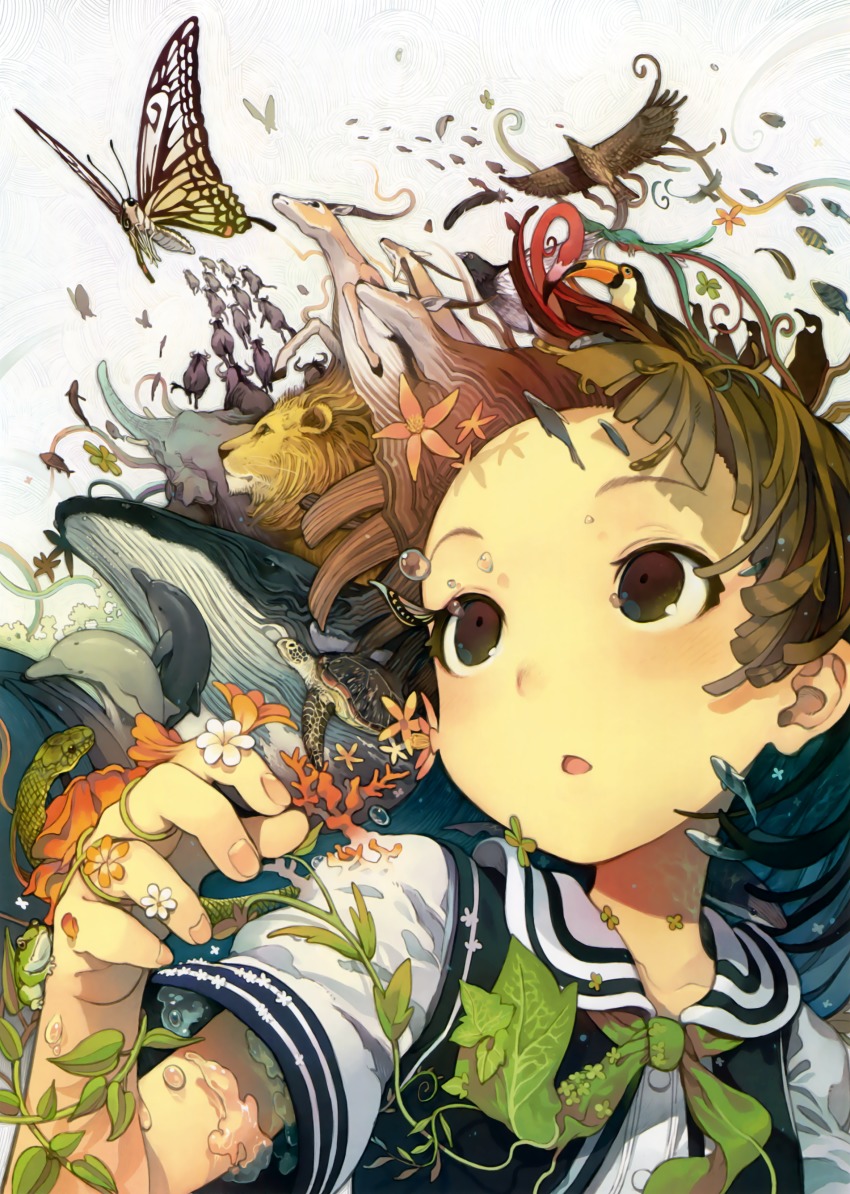 1girl absurdres bird blush brown_eyes brown_hair bug butterfly coral dolphin elephant female_focus fish flamingo flower highres insect lion morino_hon nature neckerchief open_mouth original penguin pigeon plant sailor_collar scan shirt short_sleeves snake solo toucan turtle vines water_buffalo whale white_background