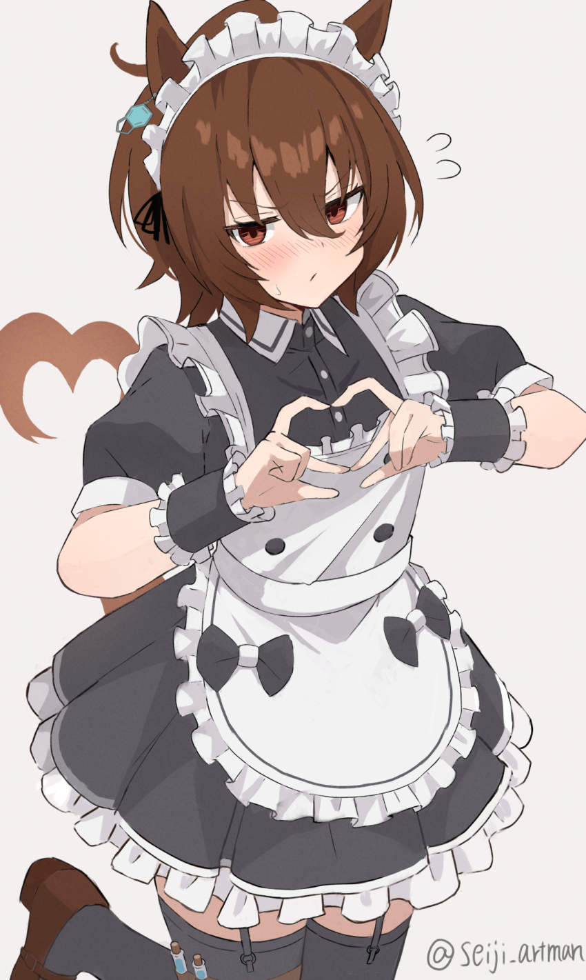 1girl agnes_tachyon_(umamusume) ahoge alternate_costume animal_ears apron black_thighhighs brown_hair brown_shoes commentary_request enmaided grey_background hair_between_eyes hair_ornament heart heart_hair_ornament highres horse_ears horse_girl horse_tail kneeling looking_at_viewer maid maid_apron maid_headdress puffy_short_sleeves puffy_sleeves red_eyes seiji_(artman) shoes short_hair short_sleeves simple_background solo tail thighhighs umamusume white_apron