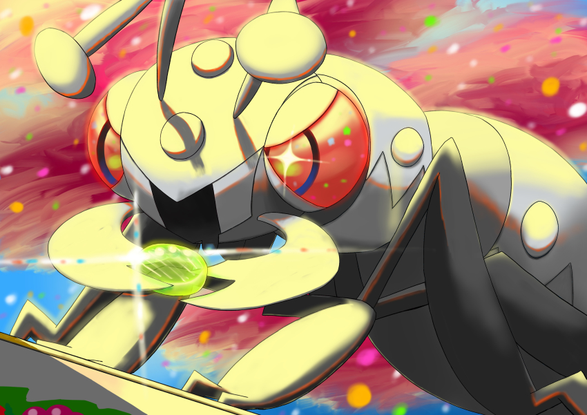 absurdres blue_background candy dotaku_(wran8845) durant eating food gen_5_pokemon glint highres nintendo no_humans pink_background pokemon pokemon_(creature) red_eyes shadow two-tone_background