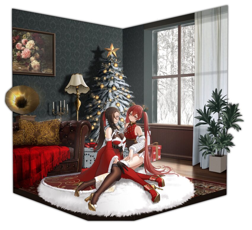 2girls absurdres alternate_costume breasts brown_hair christmas christmas_tree cleavage commission fake_antlers fire_emblem fire_emblem_fates fire_emblem_heroes floor_lamp high_heels high_ponytail highres indoors kagero_(fire_emblem) lamp large_breasts multiple_girls nintendo official_alternate_costume ponytail red_hair rug selena_(fire_emblem_fates) selena_(winter)_(fire_emblem_fates) shizuko_hideyoshi small_breasts twintails