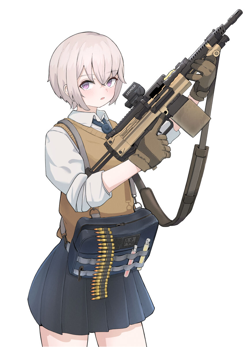 absurdres aiming_up ammunition_belt ammunition_box bag blue_bag blue_eyes blue_necktie blue_skirt blush brown_gloves carabiner collared_shirt commentary_request crossed_bangs gloves gun gun_sling h&amp;k_hk421 heckler_&amp;_koch highres leupold_optics light_machine_gun machine_gun necktie okapi_(yomaigoto) open_mouth optical_sight original patch pleated_skirt school_bag school_uniform shirt short_hair simple_background skirt sleeves_rolled_up sweater_vest thighs trigger_discipline upper_body weapon white_background white_hair white_shirt yellow_sweater_vest zipper_pull_tab