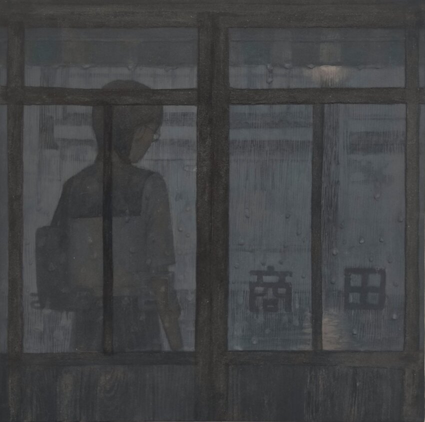 1girl arm_at_side awning bag braid building commentary_request facing_away from_behind from_inside glass_door glasses gozaimas_(masmas_nemui) hair_over_shoulder highres low_twin_braids night original painting_(medium) rain reflective_pavement school_uniform serafuku shirt short_sleeves shoulder_bag skirt sliding_doors solo standing taking_shelter traditional_media twin_braids urban white_shirt