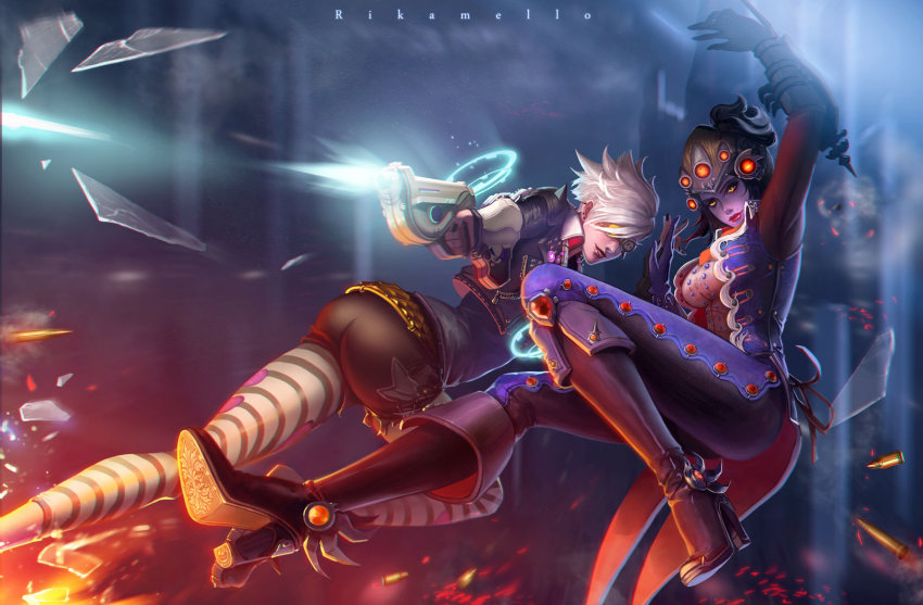 2girls action aiming alternate_costume alternate_hair_color ammunition artist_name ass belt black_footwear black_nails black_pants black_shorts blue_jacket boots breasts brown_hair bullet buttons cartridge closed_mouth collared_shirt colored_skin comtesse_widowmaker cropped_jacket dress_shirt ear_piercing earrings eyelashes eyeliner finger_on_trigger fingerless_gloves fingernails firing gauntlets glasses gloves goggles grapnel gun hair_over_one_eye handgun head-mounted_display high_heel_boots high_heels highres holding holding_gun holding_hands holding_weapon jacket jewelry knee_boots leather leather_jacket lips lipstick long_sleeves looking_at_viewer makeup md5_mismatch medium_breasts midair mole multiple_girls nail_polish necktie nose official_alternate_costume open_clothes open_jacket overwatch overwatch_1 pants parted_lips piercing pistol ponytail purple_hair purple_skin red_lips red_necktie resized resolution_mismatch rikamello shards shirt shoes short_hair short_shorts shorts smile source_larger source_smaller spiked_hair spikes spurs striped_clothes striped_legwear striped_pants striped_thighhighs stud_earrings studded_belt swept_bangs thighhighs tracer_(overwatch) ultraviolet_tracer upscaled visor weapon white_hair widowmaker_(overwatch) wing_collar yellow_eyes