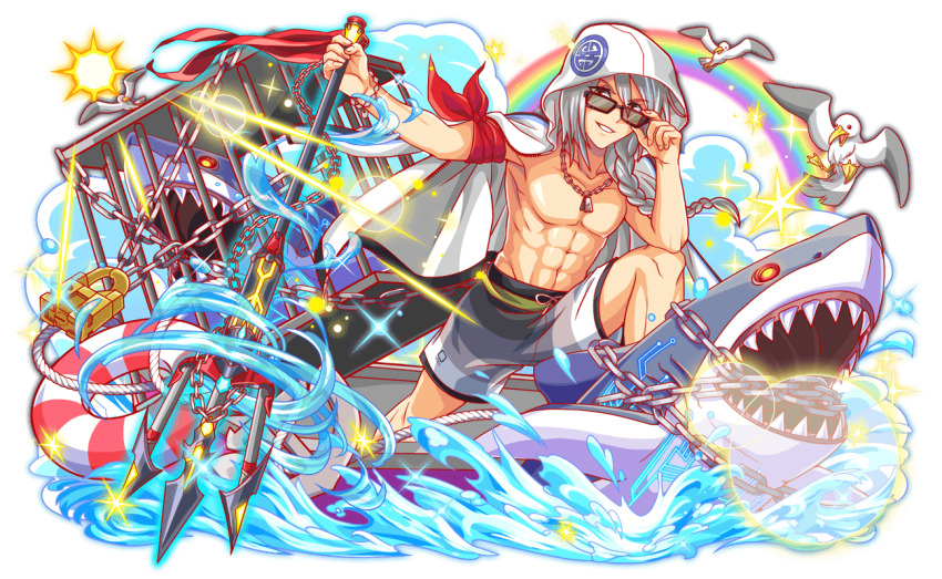 1boy 5others abs adjusting_eyewear armband artist_request bare_arms bare_pectorals beak bird bird_legs bird_tail black_eyes boat bracelet braid braided_ponytail breasts cage cape capelet cel_shading chain closed_mouth cloud crash_fever dog_tags full_body game_cg grey_male_swimwear holding holding_polearm holding_polearm holding_weapon hood hooded_cape innertube jewelry lee_bangwon light_particles light_rays lock long_hair low-tied_long_hair male_focus male_swimwear medium_breasts multiple_others official_art open_mouth outline pectorals polearm red_armband red_eyes red_outline rope saturated seagull shark sharp_teeth smile solo_focus sparkle square square_print sun sunbeam sunglasses sunlight swim_ring tachi-e tail teeth tied_armband transparent_background trident two-tone_tail two-tone_wings watercraft weapon white_bird white_cape white_capelet white_tail white_wings wings