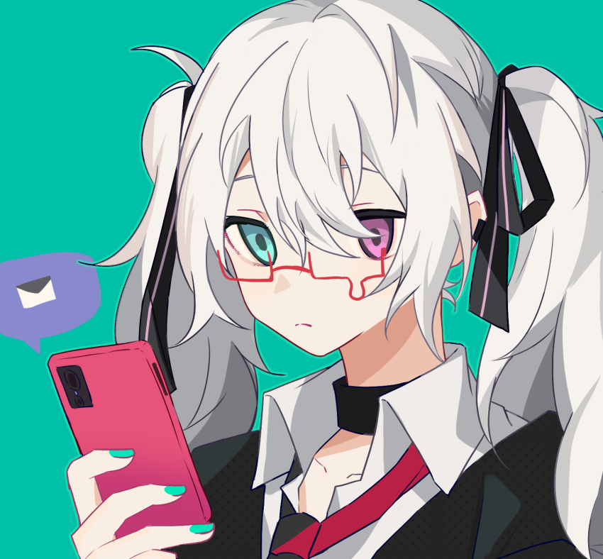1girl 25-ji_miku aqua_background aqua_eyes bespectacled black_choker black_jacket black_necktie black_ribbon choker closed_mouth collarbone collared_shirt commentary english_commentary expressionless gift_art glasses green_nails hair_between_eyes hair_ribbon hand_up hatsune_miku heterochromia highres holding holding_phone jacket looking_at_phone nail_polish necktie outline phone pink_eyes portrait project_sekai red-framed_eyewear ribbon semi-rimless_eyewear shirt simple_background twintails vocaloid white_hair white_shirt ximuye