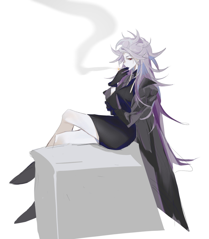 1girl absurdres black_coat black_dress black_gloves black_shoes c8h11o2n chinese_commentary cigarette coat commentary_request dress genderswap genderswap_(mtf) gloves highres holding holding_cigarette lapels long_hair long_sleeves notched_lapels open_clothes open_coat purple_hair red_eyes saibou_shinkyoku shoes short_dress sitting smoke smoking solo theodore_riddle turtleneck turtleneck_dress very_long_hair