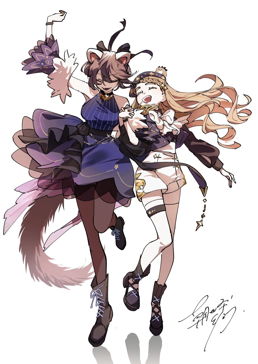 2girls absurdres animal animal_ears animal_on_head asahina_sho black_boots black_thighhighs blonde_hair boots braid braided_bangs brown_hair closed_eyes commentary_request dog_ears dog_girl dog_tail dress flower gonzalez_(machita_chima) hair_ornament hair_ribbon hand_grab hand_up highres inui_toko long_hair machita_chima multiple_girls nijisanji official_alternate_costume on_head purple_skirt ribbon rose short_hair simple_background skirt sleeveless smile tail thighhighs virtual_youtuber white_background white_thighhighs