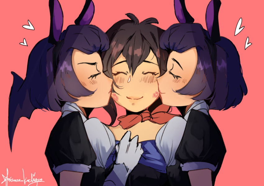 3girls ace_attorney animal_ears betty_de_famme blush bonny_de_famme cheek_kiss closed_eyes double_cheek_kiss fake_animal_ears frown girl_sandwich gloves heart kiss kissing_cheek lipstick_mark lipstick_mark_on_cheek lipstick_mark_on_face multiple_girls phoenix_wright:_ace_attorney_-_spirit_of_justice rabbit_ears sanae_kochiyas sandwiched scarf siblings sisters smile trucy_wright twins white_gloves wing-shaped_hair yuri