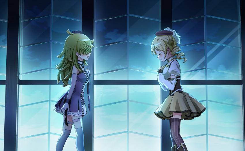 2girls aki_mabayu artist_reya bare_shoulders beret black_boots black_corset black_gloves blonde_hair blue_bow blue_bowtie blue_dress blue_hat blue_skirt blue_sky blue_wrist_cuffs blunt_bangs blunt_ends boots bow bowtie brown_hat brown_thighhighs buttons clenched_hand closed_mouth clothing_cutout cloud collar collared_shirt corset cropped_shirt detached_sleeves dress drill_hair face-to-face fingerless_gloves flower_hairpin frilled_dress frills from_side game_cg gloves gradient_sky green_hair hair_ornament hair_over_one_eye hairclip hand_on_own_chest hands_on_own_chest happy hat hat_feather high_collar highres indoors knee_boots leg_cutout light_blush long_hair long_sleeves magia_record:_mahou_shoujo_madoka_magica_gaiden mahou_shoujo_madoka_magica mahou_shoujo_madoka_magica_magia_exedra medium_hair messy_hair midriff mini_hat miniskirt multiple_girls night official_art open_clothes open_dress open_mouth pleated_skirt pointy_nose puffy_long_sleeves puffy_short_sleeves puffy_sleeves purple_sleeves sad shirt short_dress short_sleeves skirt sky sleeveless sleeveless_dress smile standing striped_clothes striped_thighhighs thighhighs tomoe_mami twin_drills two-tone_skirt vertical-striped_clothes vertical-striped_thighhighs white_collar white_gloves white_shirt white_skirt white_sleeves white_thighhighs window wrist_bow wrist_cuffs yellow_bow yellow_bowtie yellow_skirt zettai_ryouiki