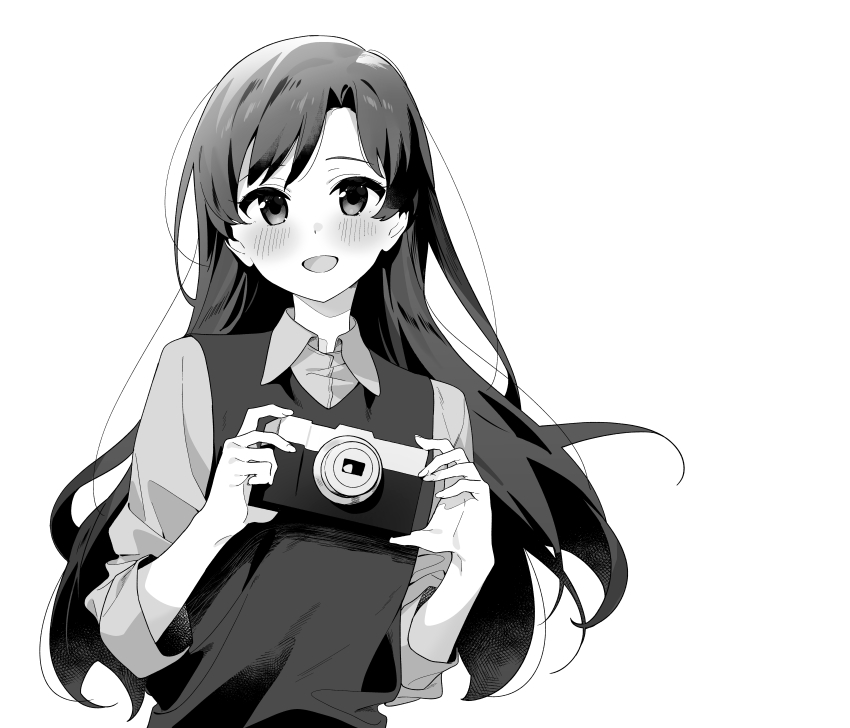 1girl absurdres blush camera collared_shirt floating_hair greyscale highres holding holding_camera idolmaster idolmaster_(classic) kisaragi_chihaya long_hair long_sleeves looking_at_viewer monochrome nozawa_noko open_mouth shirt simple_background smile solo upper_body vest white_background