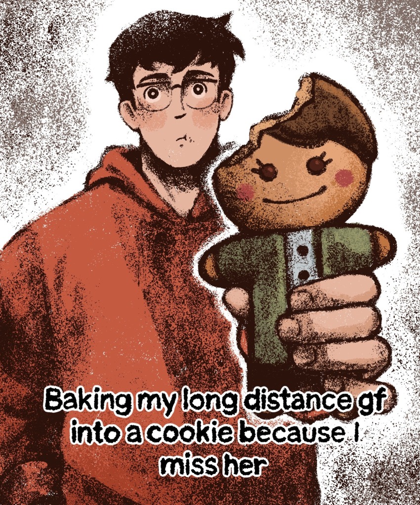 1boy :t baking_my_long_distance_bf_into_a_cookie_because_i_miss_him_(meme) bite_mark black_eyes black_hair blush_stickers character-themed_food clark_kent cookie d-e-r-i dc_comics english_text food food_on_face glasses highres hood hoodie lois_lane male_focus meme my_adventures_with_superman superman_(series)