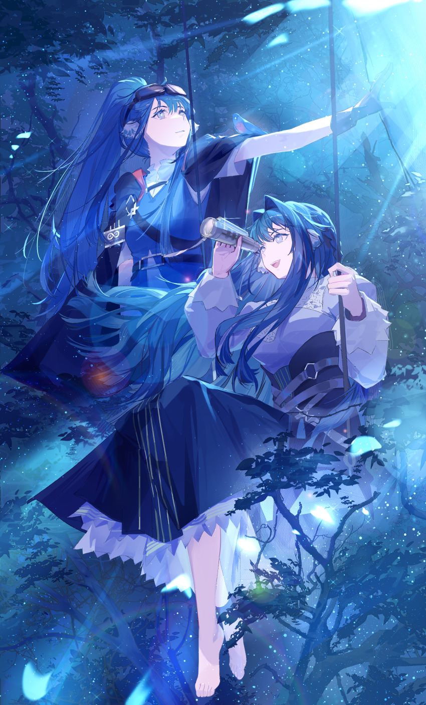 2girls absurdres animal_ears animal_on_arm arknights astesia_(arknights) astgenne_(arknights) barefoot bird bird_ears bird_on_arm black_cape black_corset black_gloves black_skirt blue_eyes blue_hair blue_theme cape closed_mouth corset diamond-shaped_pupils diamond_(shape) dress feather_hair full_body gloves goggles goggles_on_head highres holding liliyfox long_hair long_sleeves monocular multiple_girls on_swing open_mouth ponytail rhine_lab_logo shirt siblings sisters skirt swing symbol-shaped_pupils tree white_dress white_shirt
