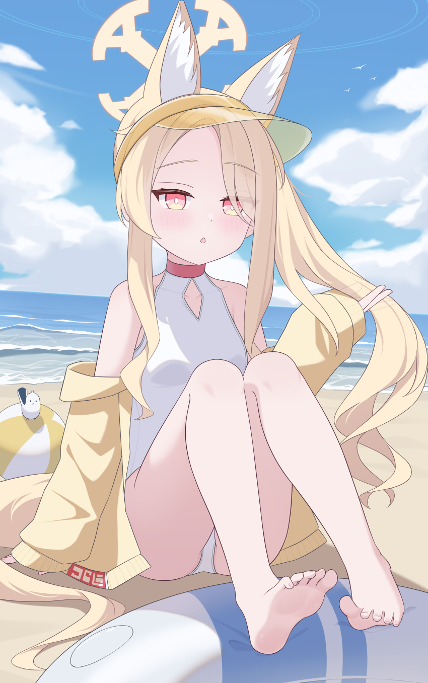 1girl absurdres animal_ear_fluff animal_ears ball bare_shoulders beach beachball bird blue_archive blue_sky blush breasts clothing_cutout cloud collarbone covered_navel cross_halo diamond_cutout dot_nose extra_ears eyes_visible_through_hair feet fox_ears fox_girl fox_tail halo hand_up highleg highleg_one-piece_swimsuit highres holding holding_own_hair innertube jacket knees_up loli long_hair long_sleeves looking_at_viewer no_eyewear ocean off_shoulder official_alternate_costume official_alternate_hairstyle on_ground one-piece_swimsuit open_mouth outdoors pink_eyes seia_(blue_archive) seia_(swimsuit)_(blue_archive) side_ponytail sitting sky sleeves_past_wrists small_breasts soles solo swim_ring swimsuit tail thighs tit_(bird) toenails toes triangle_mouth user_ggwx2752 very_long_hair visor_cap white_one-piece_swimsuit yellow_halo yellow_jacket yellow_visor