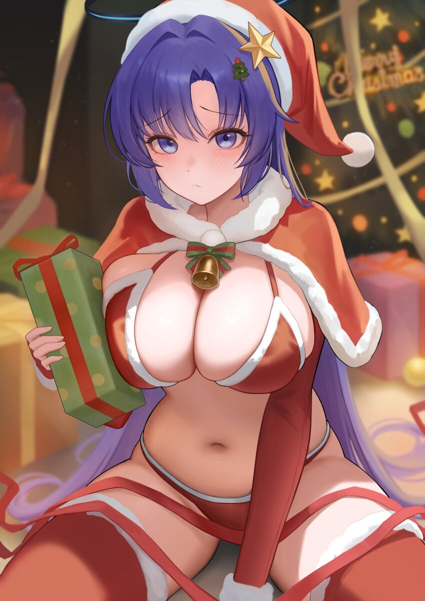 1girl absurdres bell bikini blue_archive blue_eyes blue_hair blurry blurry_background blush breasts christmas christmas_tree christmas_tree_hair_ornament closed_mouth fur-trimmed_headwear fur-trimmed_thighhighs fur_trim gift hair_ornament hat heine_(haloo1101) highres holding holding_gift indoors large_breasts long_hair looking_at_viewer navel parted_bangs red_bikini red_hat red_thighhighs ribbon santa_bikini santa_costume santa_hat sitting solo star_(symbol) stomach swimsuit thighhighs thighs wariza yellow_ribbon yuuka_(blue_archive)