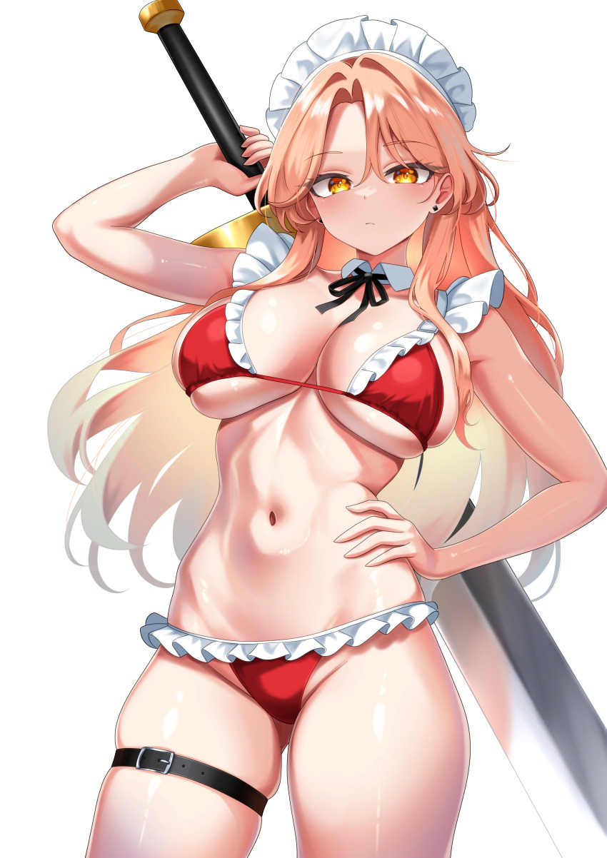 1girl absurdres belt bikini black_ribbon blonde_hair breasts cleavage commentary_request cowboy_shot detached_collar frilled_bikini frills hand_on_own_hip highres holding holding_sword holding_weapon large_breasts leo23 long_hair maid maid_bikini maid_headdress navel red_bikini ribbon serious simple_background skindentation solo swimsuit sword thigh_belt thigh_strap touhou touhou_(pc-98) unconventional_maid very_long_hair weapon white_background yellow_eyes yumeko_(touhou)