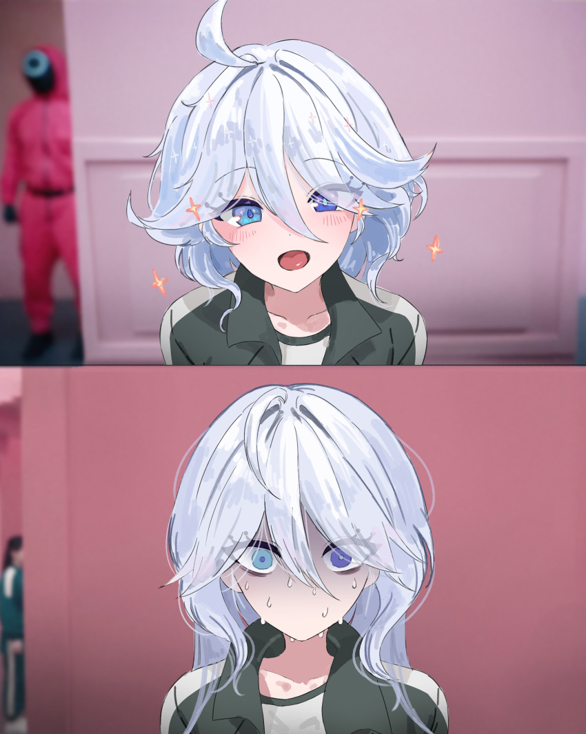 1girl 1other 2girls absurdres ahoge blue_eyes blue_hair blurry blurry_background furina_(genshin_impact) genshin_impact green_shirt hair_between_eyes hair_intakes heterochromia highres indoors long_hair medium_hair meme multiple_girls nervous nervous_sweating open_mouth screenshot_background shirt smile soldier_(squid_game) solo_focus squid_game sweat tongue white_hair yamu_(yamu_030) year_1_&amp;_year_2_(squid_game)_(meme)