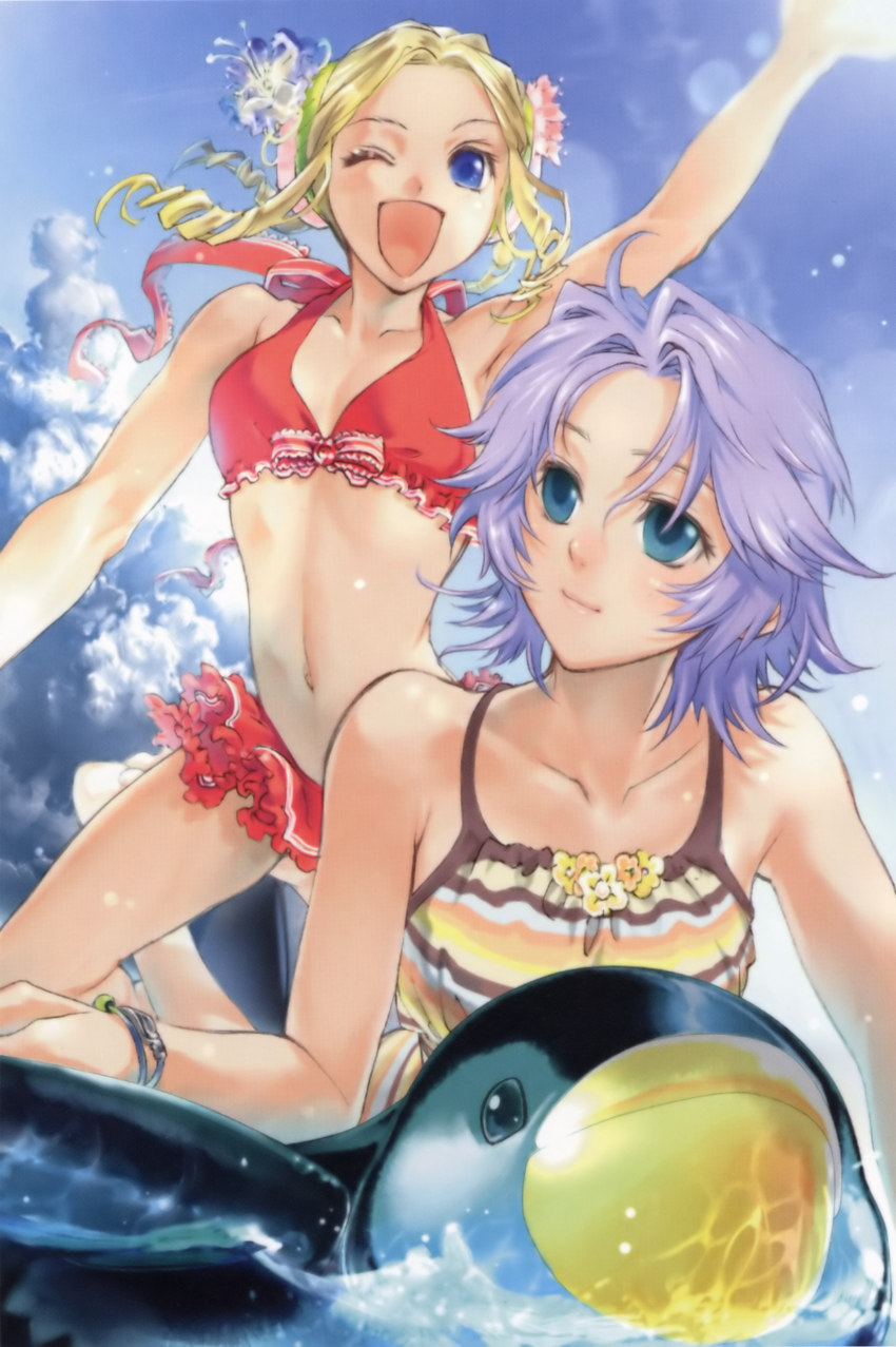 2girls absurdres banpresto bikini bird blonde_hair blue_eyes day highres ichimura_yuu latune_subbota multiple_girls one_eye_closed penguin purple_hair shine_hausen short_hair super_robot_wars super_robot_wars_original_generation swimsuit wink