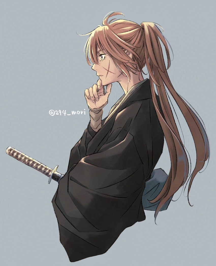1boy 294_mori absurdres black_kimono closed_mouth commentary_request cropped_torso cross_scar facial_scar from_side grey_background hand_on_own_chin high_ponytail highres himura_kenshin japanese_clothes katana kimono long_hair long_sleeves male_focus orange_hair ponytail profile rurouni_kenshin scar scar_on_cheek scar_on_face sheath sheathed simple_background solo sword twitter_username upper_body weapon