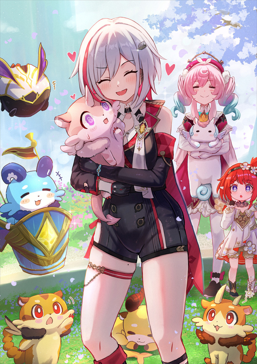 3girls :o @_@ ancient_greek_clothes angel_wings animal aqua_hair asymmetrical_legwear beret black_boots black_unitard blue_sky boots chimera_(honkai:_star_rail) commentary_request cross-shaped_pupils dress grass greco-roman_clothes hat head_wreath highres holding holding_animal honkai:_star_rail honkai_(series) hyacine_(honkai:_star_rail) isome medium_hair mismatched_legwear mole mole_on_thigh multicolored_hair multiple_girls numby_(honkai:_star_rail) outdoors pink_hair pointy_ears red_hair short_hair sky smile streaked_hair symbol-shaped_pupils topaz_(honkai:_star_rail) tribbie_(honkai:_star_rail) trotter_(honkai:_star_rail) twintails two-tone_hair white_boots white_dress white_hair winged_boots wings