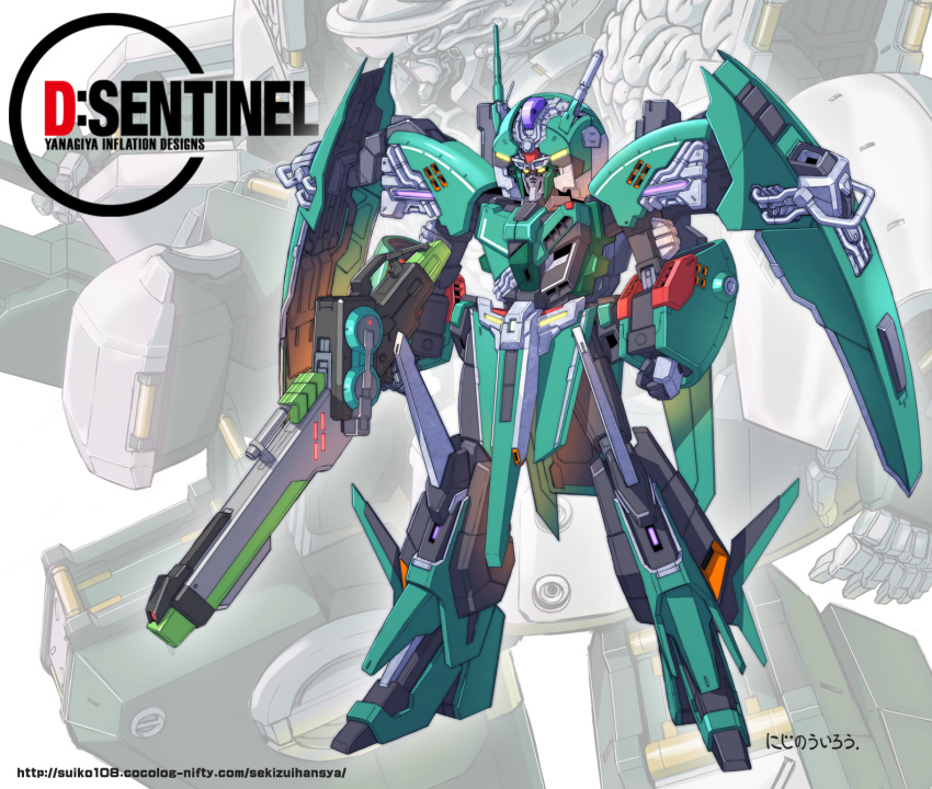 anksha beam_rifle commentary_request concept_art energy_gun gundam gundam_sentinel gundam_unicorn highres light logo machinery mecha mobile_suit no_humans original redesign robot science_fiction signature title tube watermark weapon web_address yanagi_joe zoom_layer