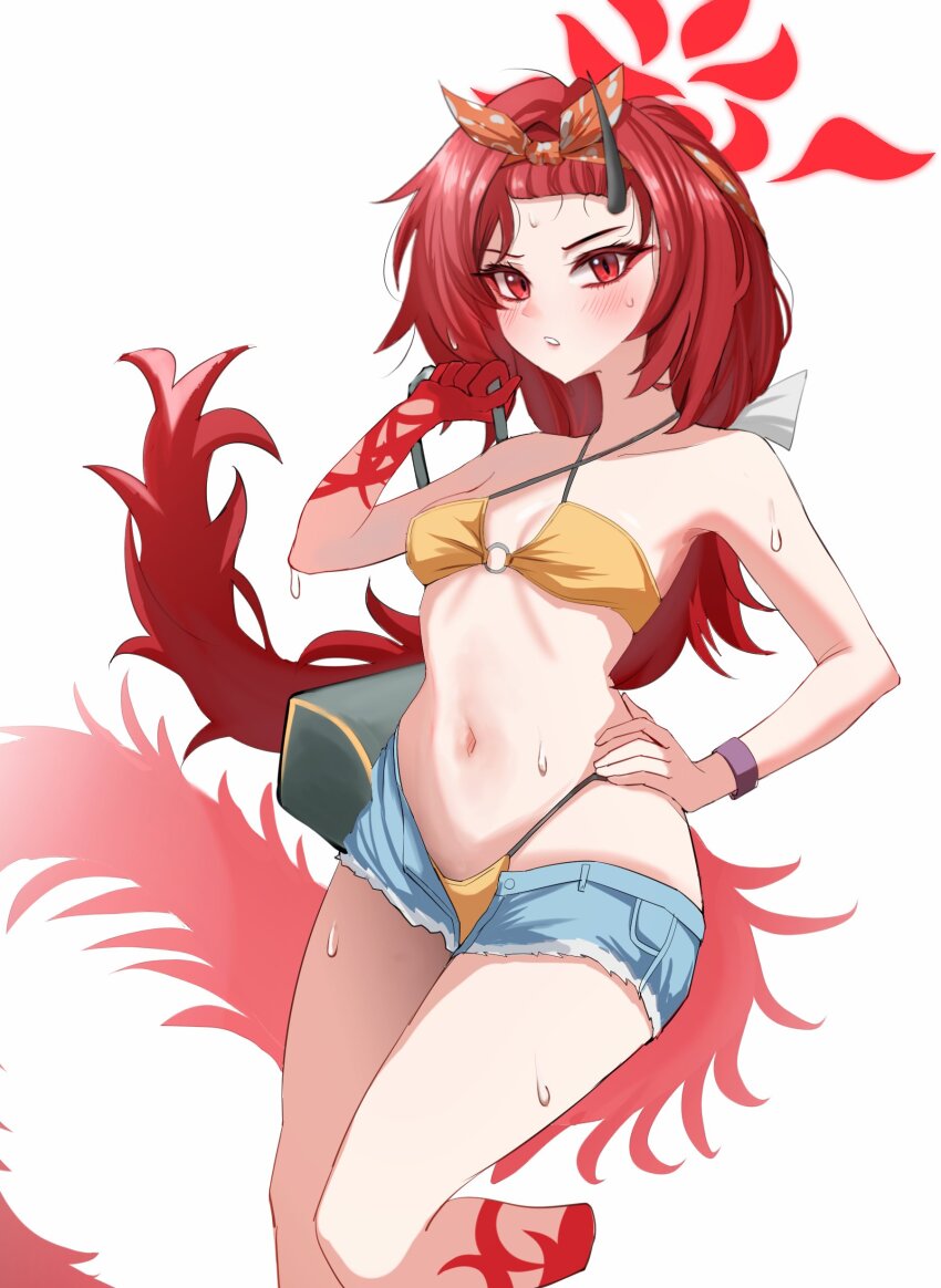 1girl absurdres bag bikini blue_archive blue_shorts blush breasts cutoffs dragon_tail hair_ribbon halo hand_on_own_hip highleg highleg_bikini highres horns lips long_hair low-tied_long_hair navel o-ring o-ring_bikini orange_ribbon red_eyes red_hair renge_(blue_archive) renge_(swimsuit)_(blue_archive) ribbon short_shorts shorts shoulder_bag single_horn small_breasts solo standing sweat swimsuit taeman tail white_background wristband yellow_bikini