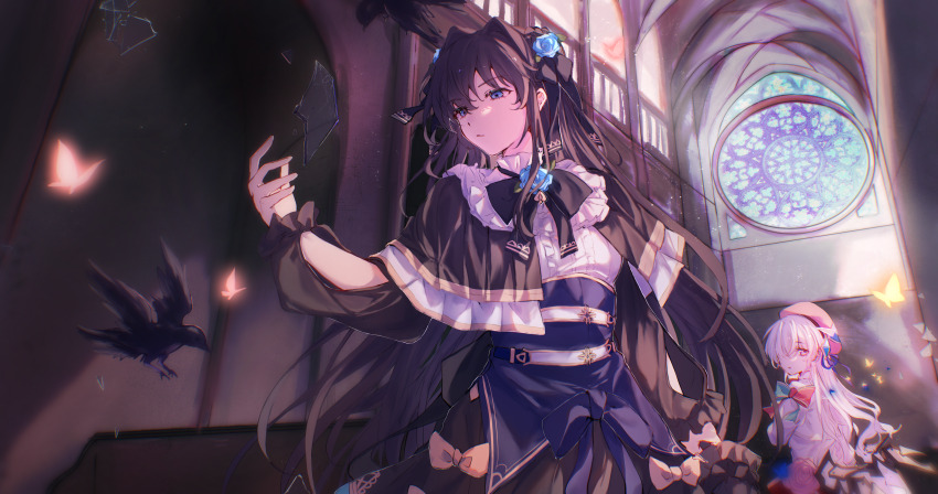 2girls absurdres arcaea arm_at_side arm_cutout bird black_bird black_bow black_bowtie black_capelet black_hair black_ribbon black_skirt blue_eyes blue_flower blue_rose bow bowtie breasts bug butterfly capelet center_frills chinese_commentary closed_mouth commentary_request corset crow flower frills glass_shards hair_flower hair_intakes hair_ornament hair_over_one_eye hair_ribbon hat highres hikari_(arcaea) hikari_(fracture)_(arcaea) indoors insect long_hair long_sleeves looking_at_another multiple_girls muonrei00 one_eye_covered orange_butterfly pink_flower pink_rose red_hat ribbon rose shirt skirt stained_glass standing tairitsu_(arcaea) tairitsu_(grievous_lady)_(arcaea) very_long_hair white_hair white_shirt window yellow_butterfly