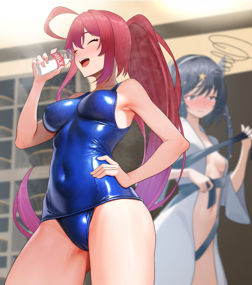 2girls ahoge alternate_costume bath_yukata black_ribbon blue_kimono blurry blurry_background blush bottle breasts closed_eyes covered_navel dizzy dorachan_r grey_eyes grey_hair hair_ornament hair_ribbon headgear highres holding holding_bottle i-168_(kancolle) japanese_clothes kantai_collection kimono long_hair medium_breasts milk_bottle multiple_girls open_mouth ponytail red_hair ribbon round_teeth scamp_(kancolle) school_swimsuit side_ponytail small_breasts standing striped_clothes striped_kimono swimsuit teeth upper_teeth_only vertical-striped_clothes vertical-striped_kimono very_long_hair yukata