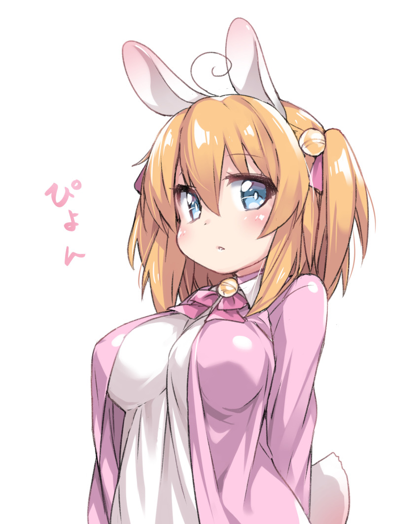 1girl ahoge animal_ears arms_behind_back bell blue_eyes blush breasts bright_pupils hair_bell hair_between_eyes hair_ornament highres impossible_clothes impossible_shirt jacket jingle_bell long_sleeves looking_at_viewer medium_breasts medium_hair open_clothes open_jacket orange_hair original parted_lips pink_jacket rabbit_ears shirt sideways_glance simple_background solo tail tamase_tama two_side_up upper_body white_background white_pupils white_shirt