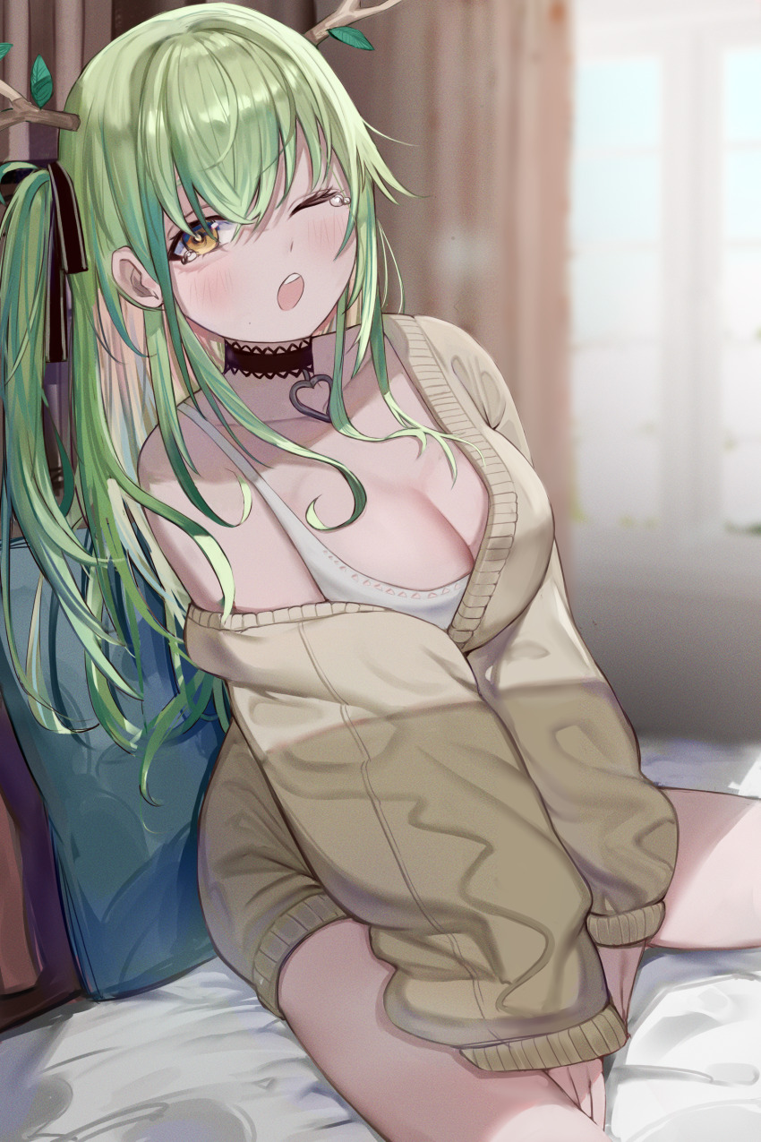 1girl absurdres black_choker breasts ceres_fauna choker cleavage cushion green_hair highres hololive hololive_english indoors korotea lace-trimmed_choker lace_trim large_breasts looking_at_viewer one_eye_closed side_ponytail sitting solo tearing_up tree_horns virtual_youtuber yawning yellow_eyes